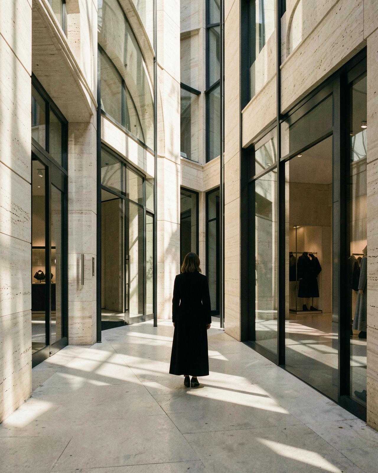 Contemporary luxury retail architecture in soft morning light
